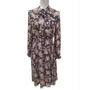 HAOKEKE Bow Accented Dark Floral Long Sleeve Pleated Ruffles Midi Dress Size M